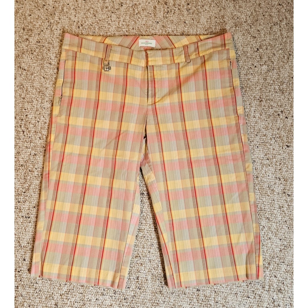 Dockers Golf Plaid Bermuda Shorts Womens Tan Yellow Pink Red Casual